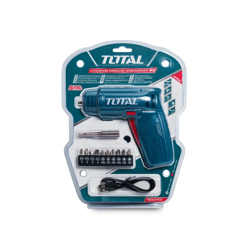 Avvitatore a batteria agli ioni di litio Total da 4V in confezione blister con punte e cavo di ricarica