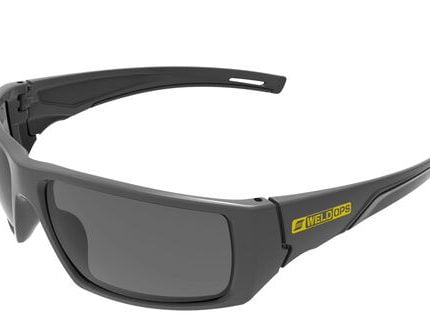 Occhiali da sole WeldOps neri con lenti scure e logo giallo